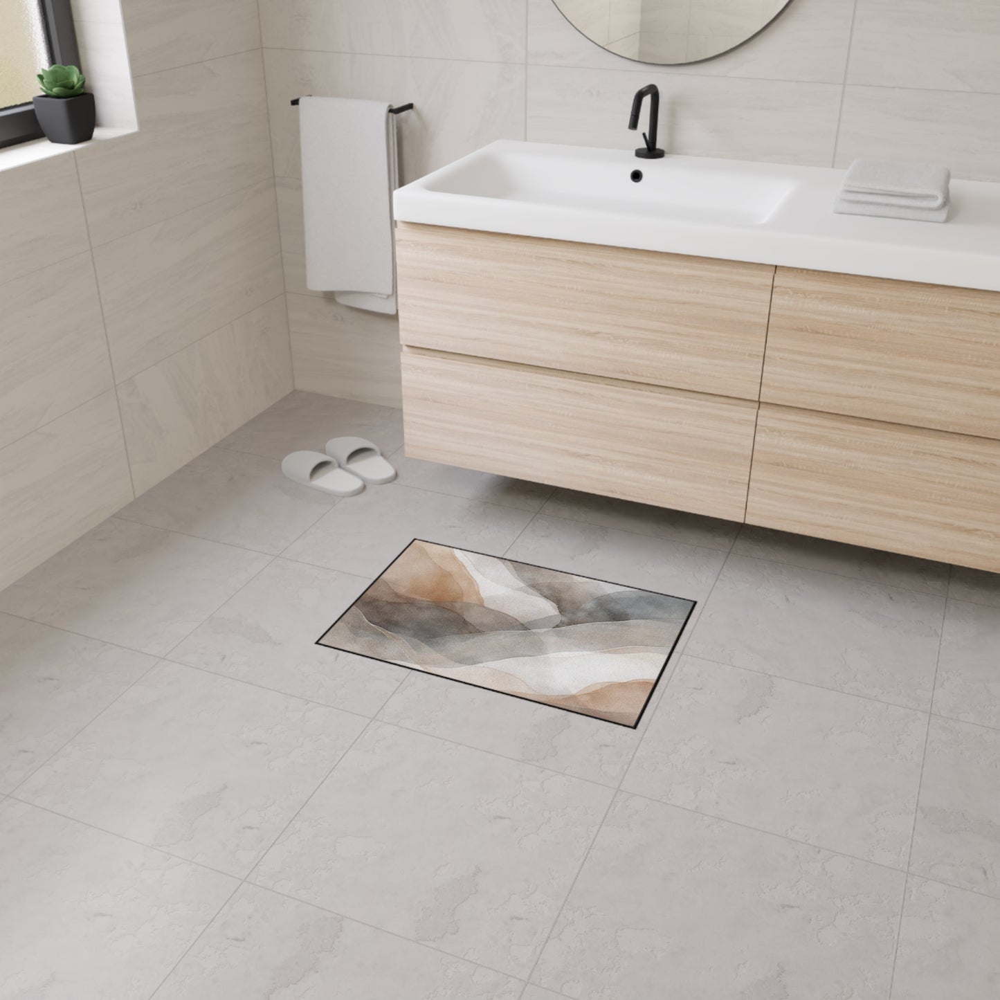 Neutral Watercolor Landscape Heavy Duty Floor Mat | Abstract Earth Tones Rug