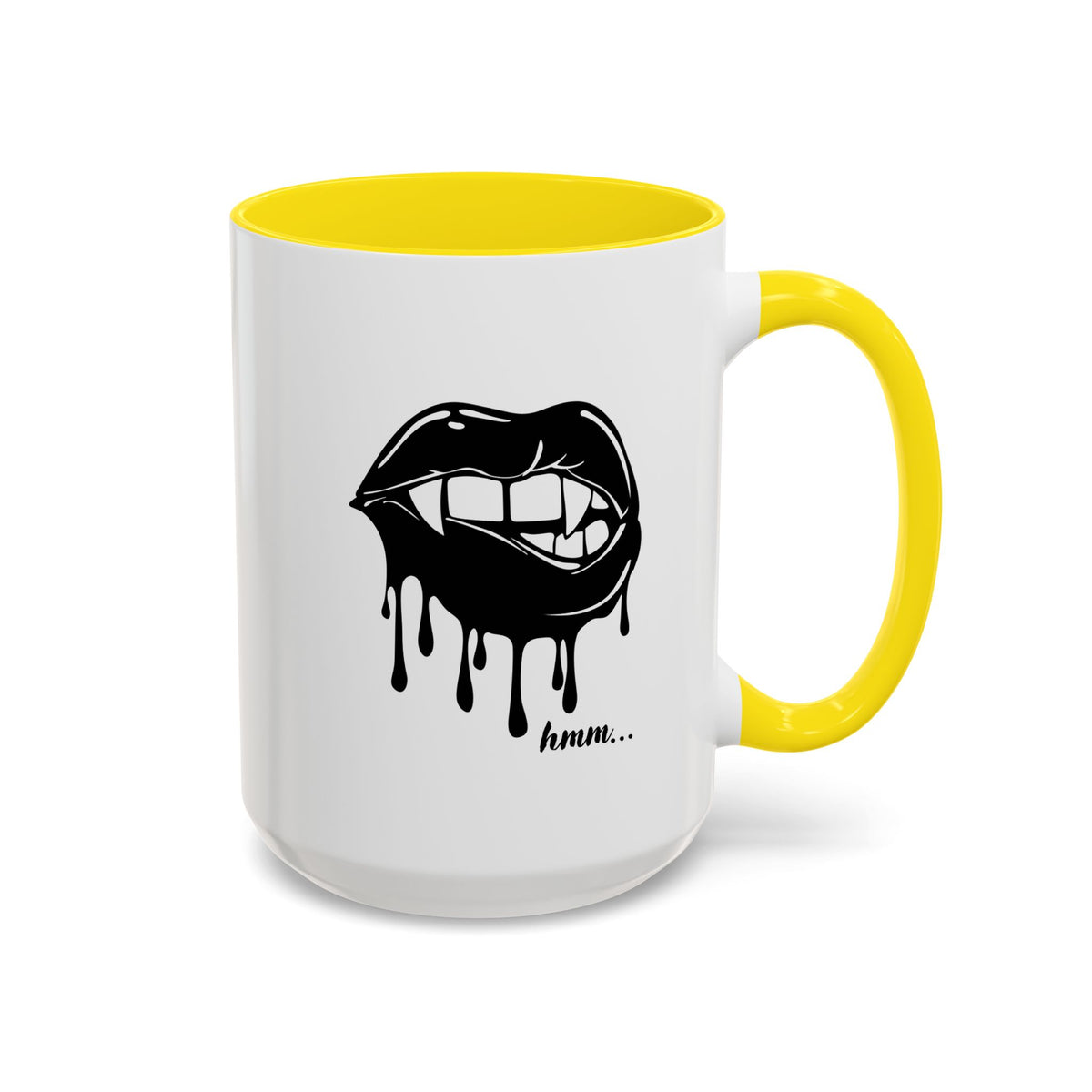Black Dripping Lips Accent coffee mug with bite graphic, 11oz or 15oz, featuring bold, artistic lip design on ceramic mug.