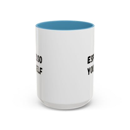 White ceramic coffee mug with "Espresso Yourself" slogan, 11 oz, perfect for coffee lovers, from Printify.