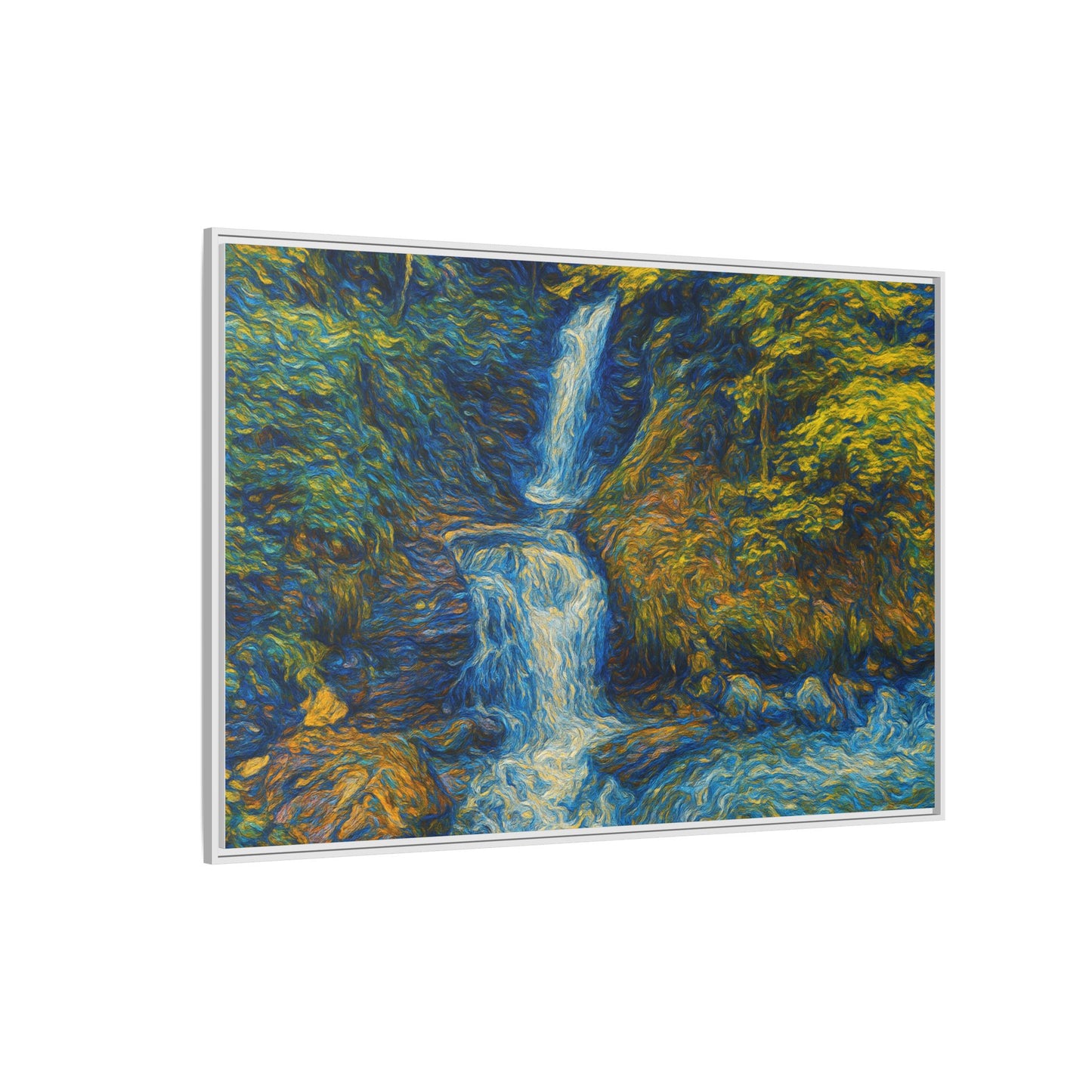 Framed matte canvas print of impressionist waterfall wall art by Printify, showcasing vibrant water and landscape details.