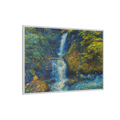 Framed matte canvas print of impressionist waterfall wall art by Printify, showcasing vibrant water and landscape details.