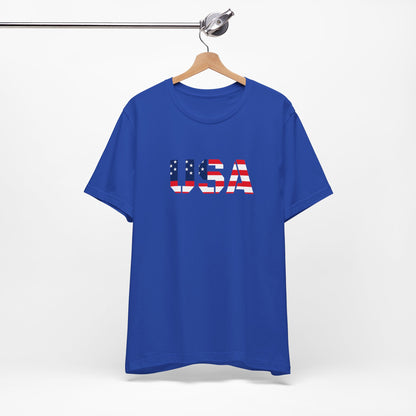 USA Flag Text Tee — Patriotic Fourth of July T-Shirt