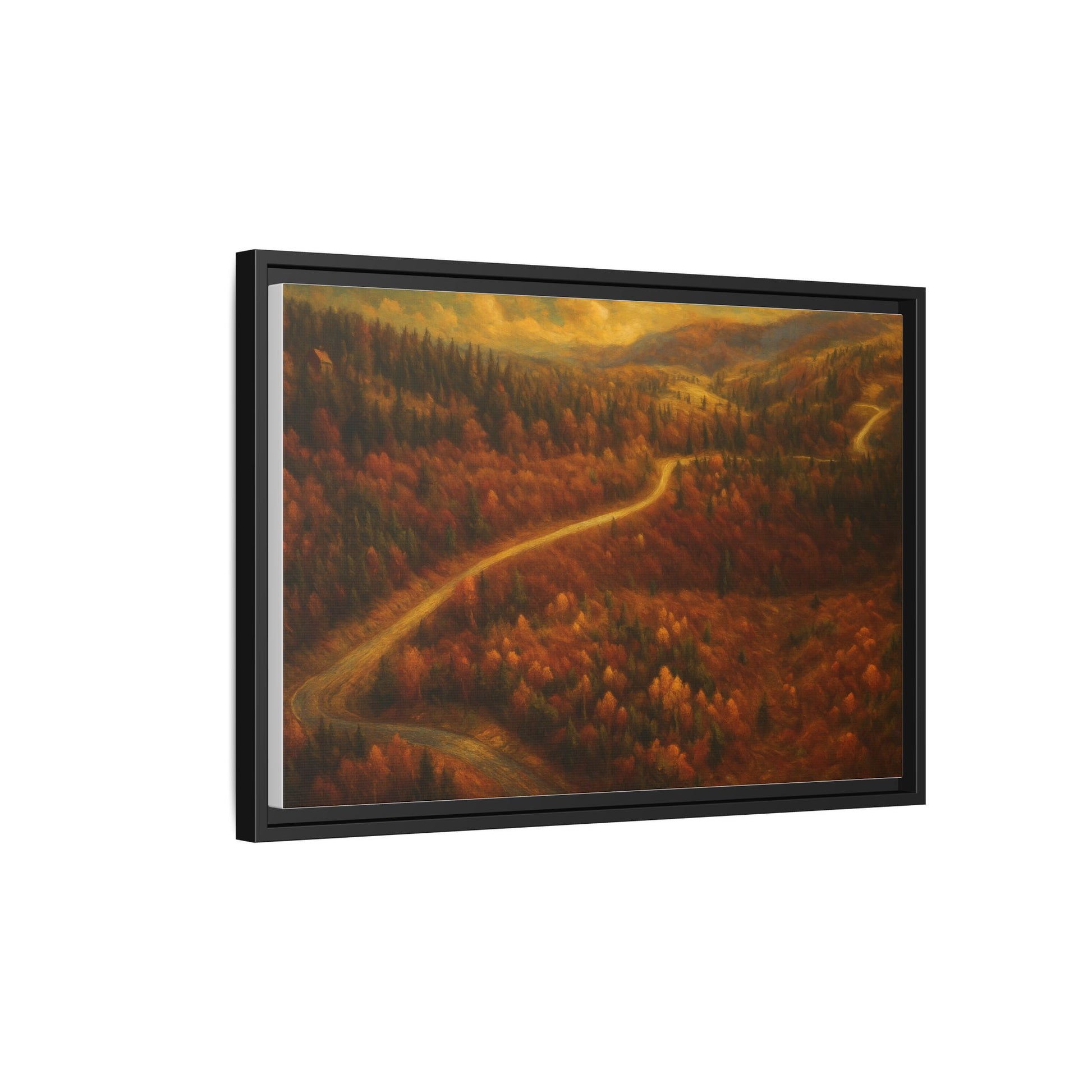 Framed matte canvas print of an autumn forest road landscape wall art by Printify, showcasing vibrant fall colors and scenic nature scene.