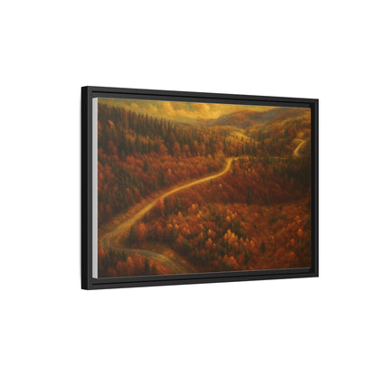Framed matte canvas print of an autumn forest road landscape wall art by Printify, showcasing vibrant fall colors and scenic nature scene.