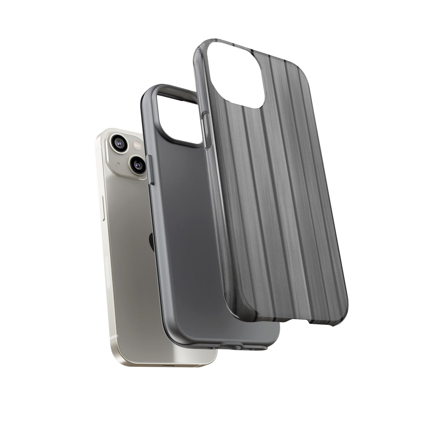 Ribbed metal texture Printify tough protective iPhone phone case on a smartphone, showing durable design and metallic finish.