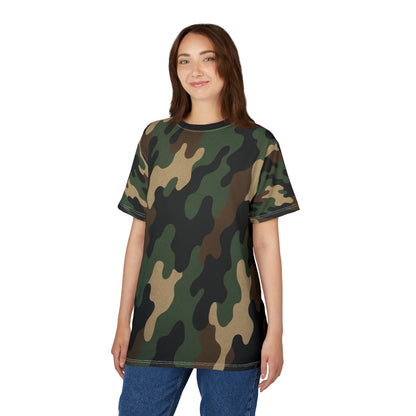 Printify woodland camouflage all-over print tee featuring a classic woodland camouflage pattern on a casual T-shirt.