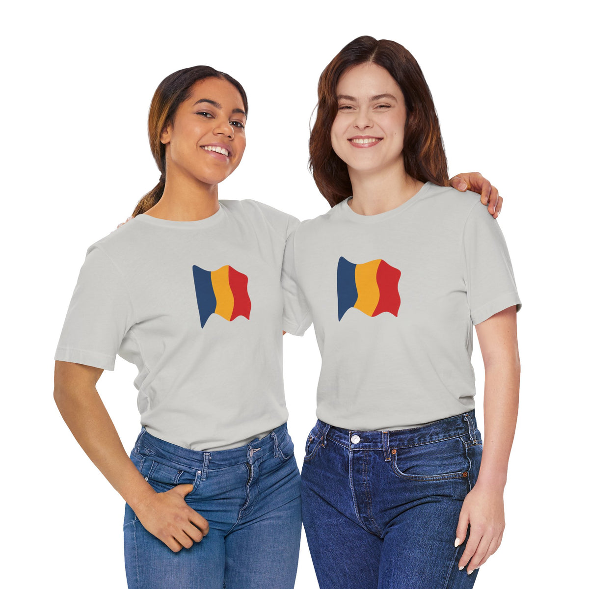 Romania flag T-shirt by Printify featuring a minimal waving tricolor design on a casual cotton tee.