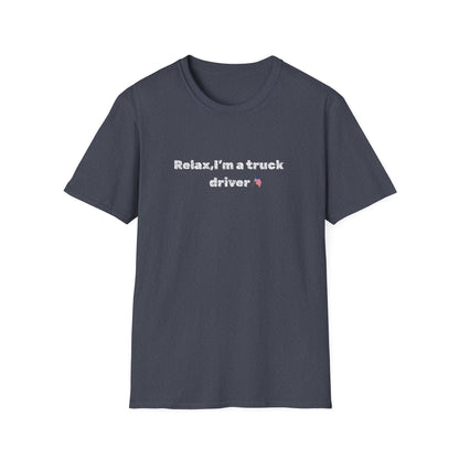 Pink heart graphic on black Relax, I'm a Truck Driver T-Shirt featuring humorous trucker quote from Printify.