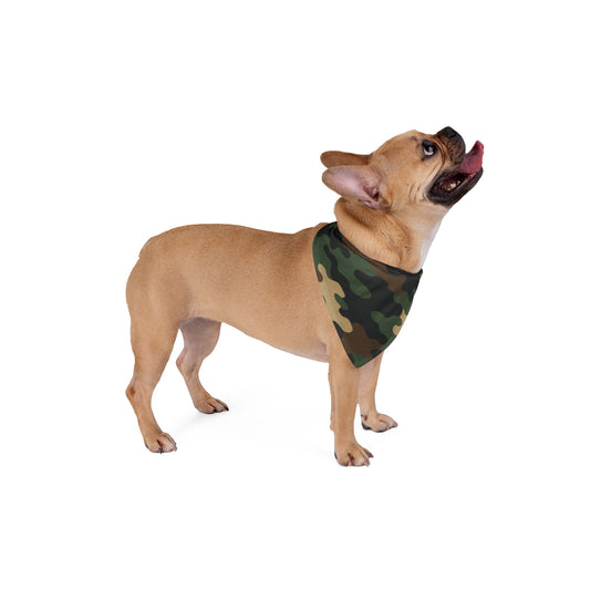 Green camouflage dog and cat bandana with printify branding, stylish pet scarf for dogs and cats, made of soft fabric.