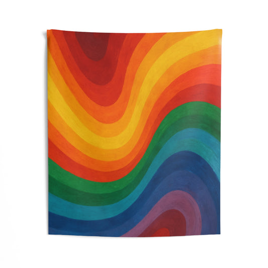 Colorful rainbow wave tapestry featuring retro psychedelic patterns, perfect for living rooms, dorms, or studios.