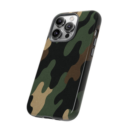 Rugged military green Printify camo tough phone case protecting an iPhone with a durable, military-inspired design.