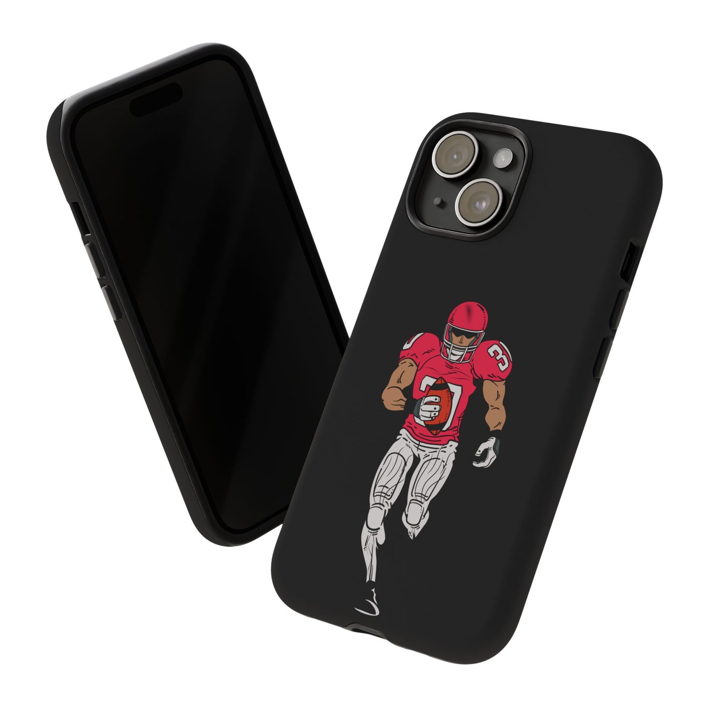 Black protective football player sports phone case for iPhone, featuring a tough design by Printify.