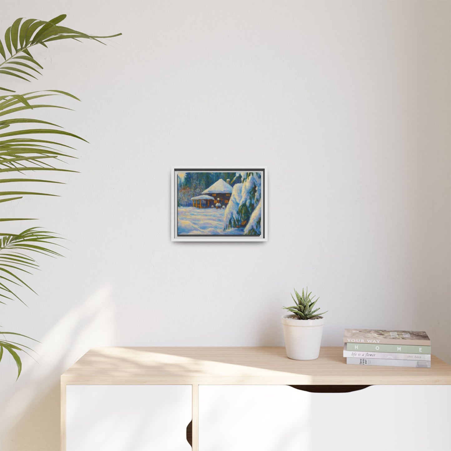 Framed matte canvas wall art featuring a snowy cabin winter landscape with trees and a peaceful winter scene.