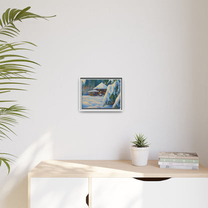 Framed matte canvas wall art featuring a snowy cabin winter landscape with trees and a peaceful winter scene.