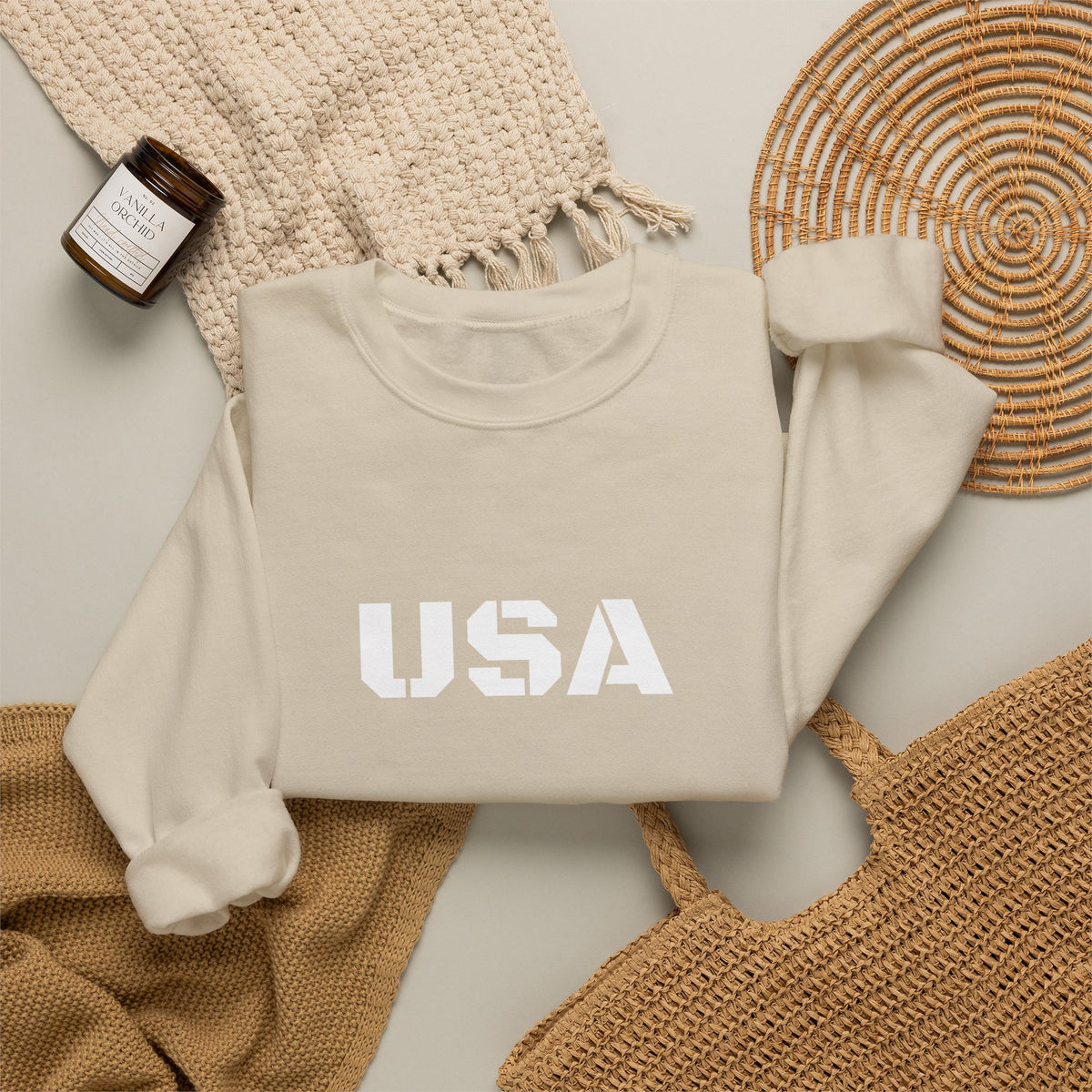 USA Printify crewneck sweatshirt with patriotic design, cozy fit, perfect for all seasons, casual and comfortable clothing.