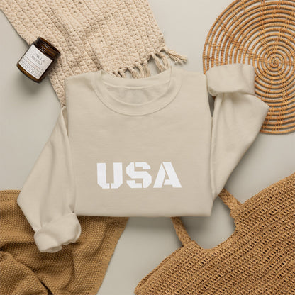 USA Printify crewneck sweatshirt with patriotic design, cozy fit, perfect for all seasons, casual and comfortable clothing.