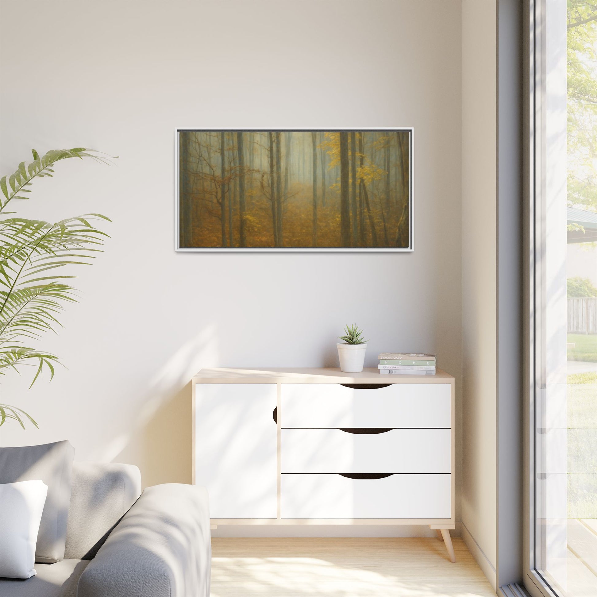 Framed matte canvas wall art of a misty autumn forest with trees in warm fall colors, by Printify.