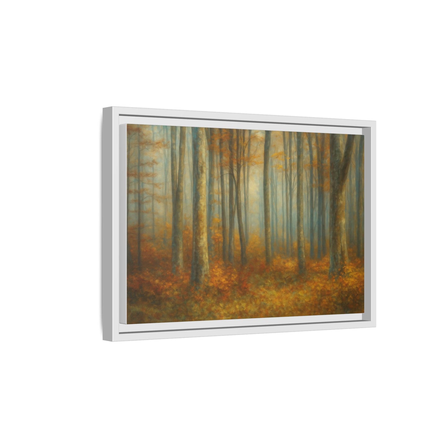 Framed autumn forest canvas print featuring misty woodland scene, wall art by Printify for nature-inspired home decor.