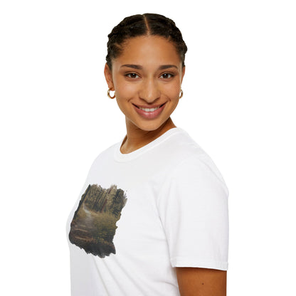 Vintage forest landscape T-shirt by Printify featuring a nature pathway scene on a casual cotton tee.