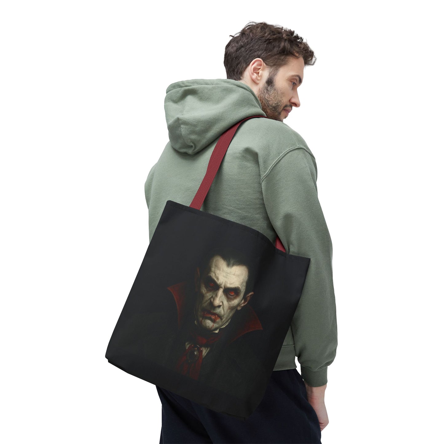 Black vampire-themed tote bag with spooky gothic design, perfect for Halloween accessories or gothic fashion enthusiasts.