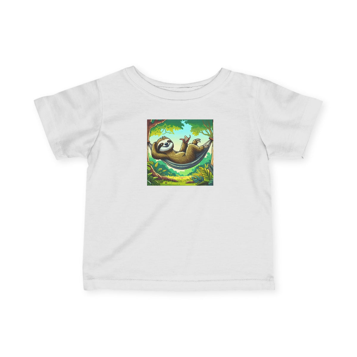 Infant baby tee with a cute sloth nap graphic, soft kids' shirt from Printify, perfect for cozy, adorable baby outfits.