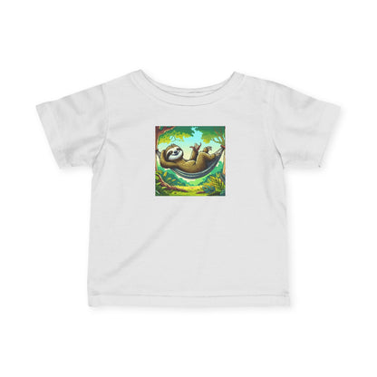 Infant baby tee with a cute sloth nap graphic, soft kids' shirt from Printify, perfect for cozy, adorable baby outfits.
