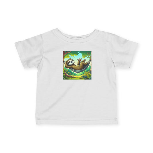 Infant baby tee with a cute sloth nap graphic, soft kids' shirt from Printify, perfect for cozy, adorable baby outfits.
