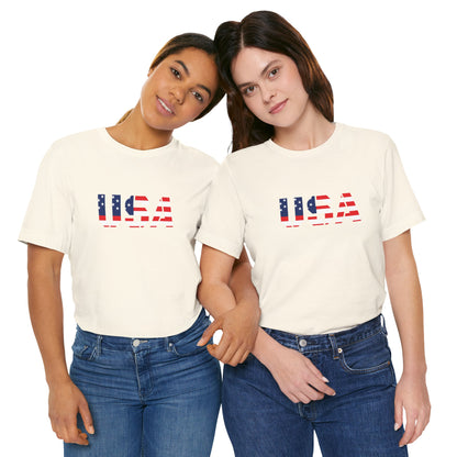 USA flag text T-shirt by Printify featuring patriotic red, white, and blue design for Fourth of July celebrations.