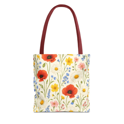 Wildflower Poppy Print Tote Bag with floral all-over pattern, featuring vibrant poppies on a stylish reusable bag.