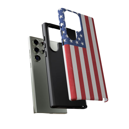 American flag tough phone case for iPhone and Samsung, patriotic protective cover with bold flag design by Printify.