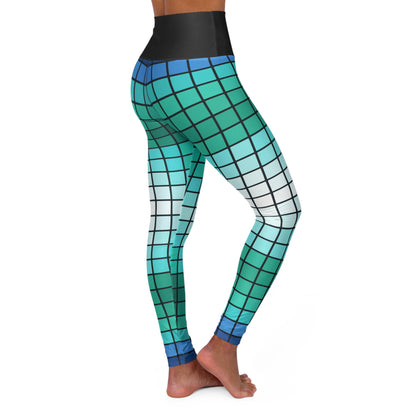 Teal Gradient Grid Leggings High Waisted Yoga Leggings | All-Over Print