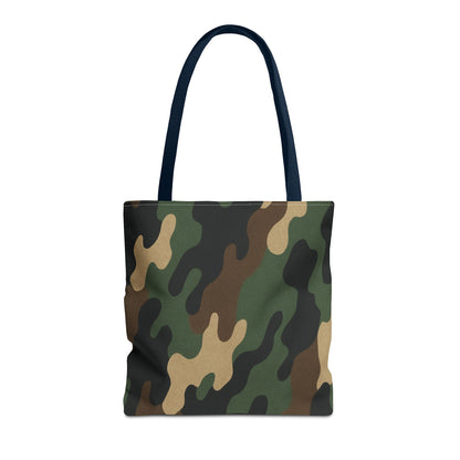 Camo pattern tote bag by Printify with all-over camouflage print, made of canvas, designed for carrying personal items.