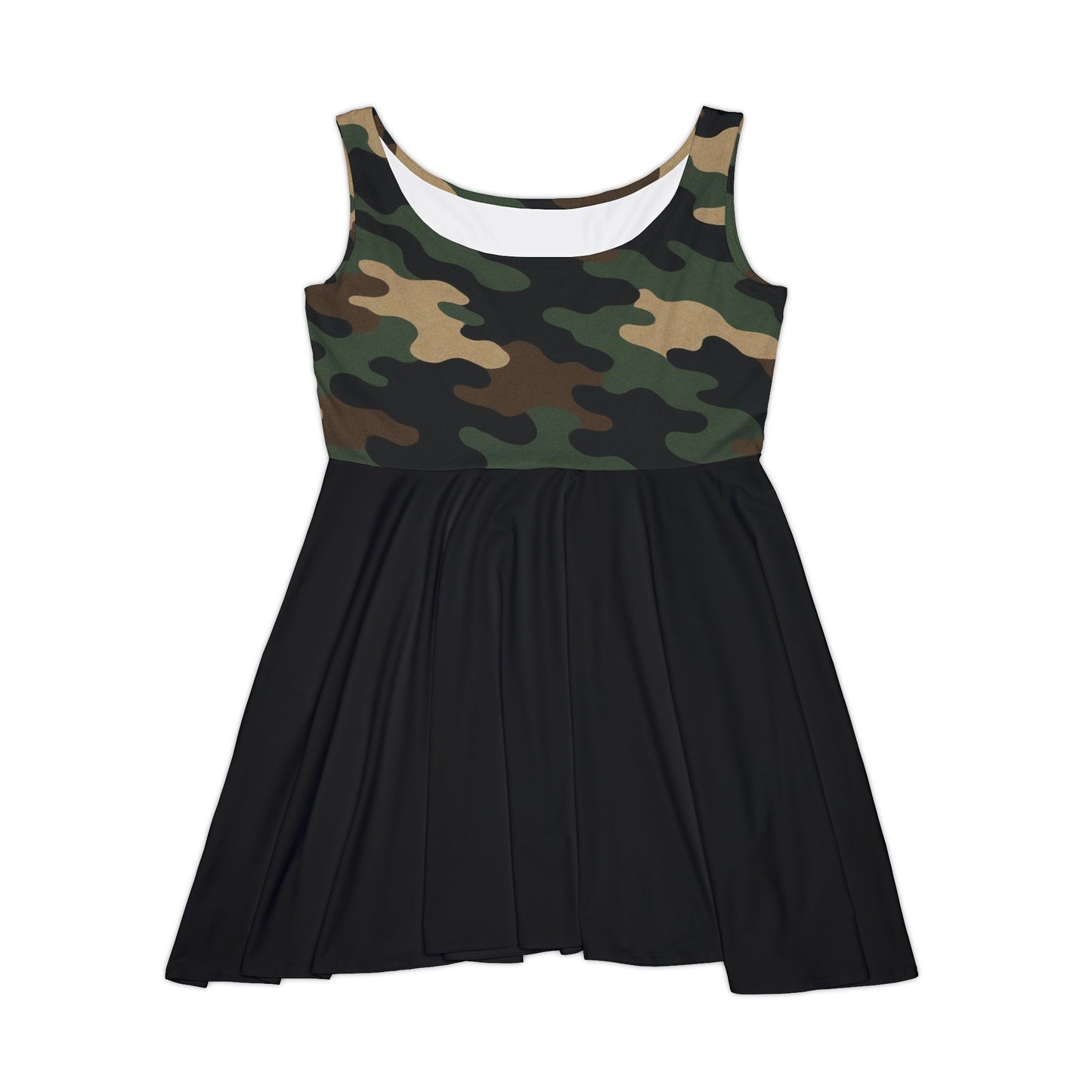 Women's camo print skater dress with all-over camouflage pattern, perfect for casual summer style, by Printify.