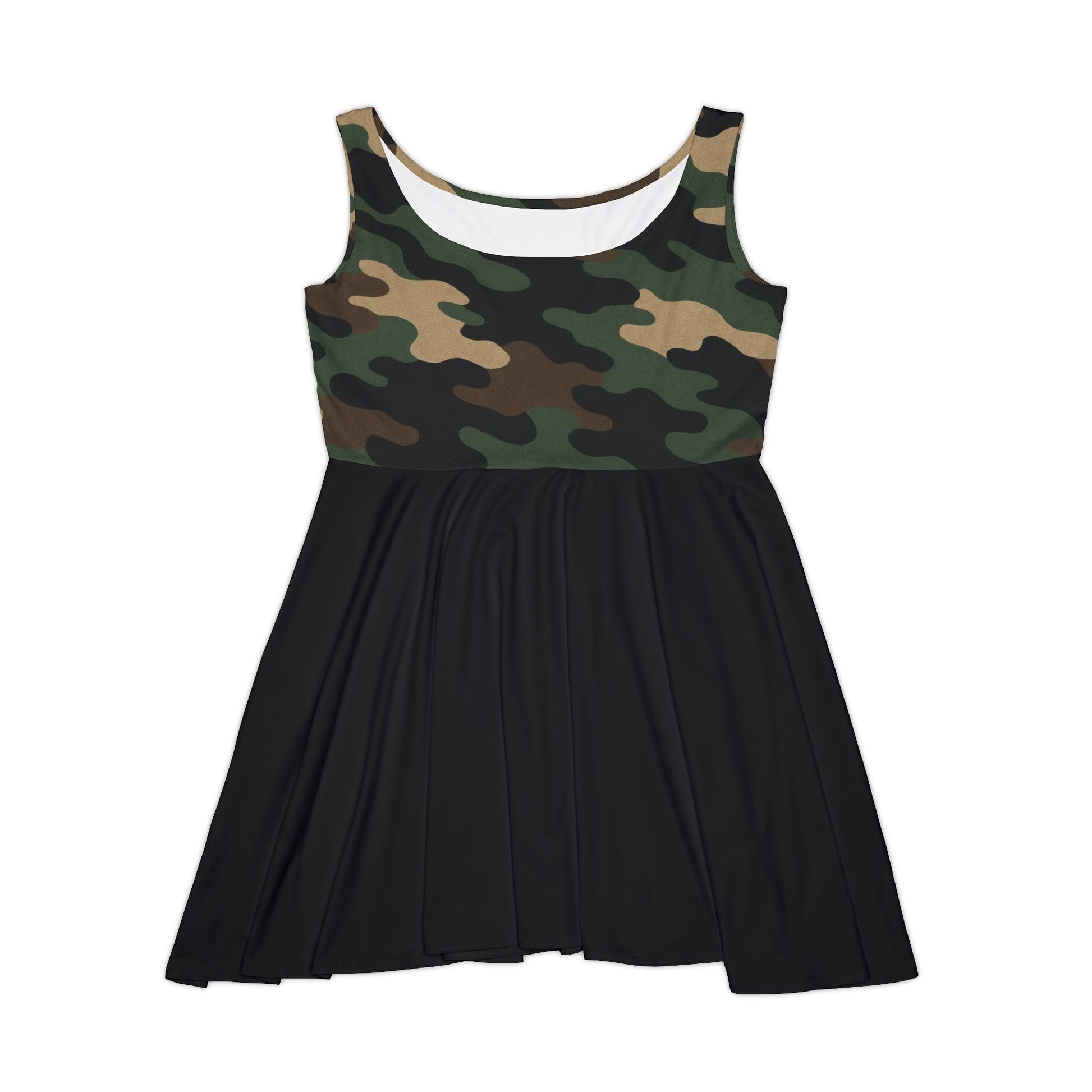 Women's camo print skater dress with all-over camouflage pattern, perfect for casual summer style, by Printify.