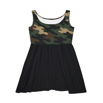 Women's camo print skater dress with all-over camouflage pattern, perfect for casual summer style, by Printify.