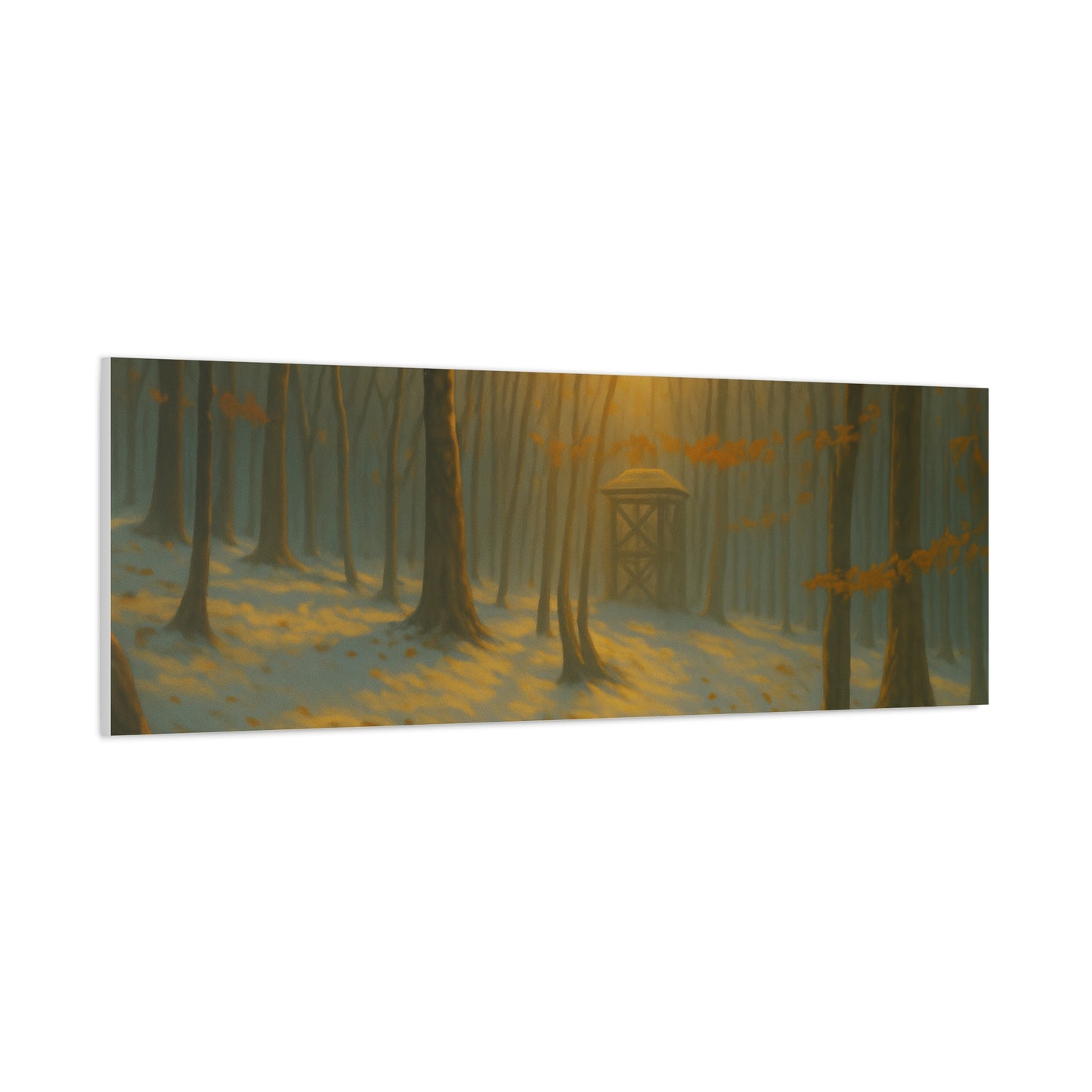 Matte stretched canvas print of a Misty Forest Sunrise landscape artwork by Printify, showcasing vibrant nature scene.