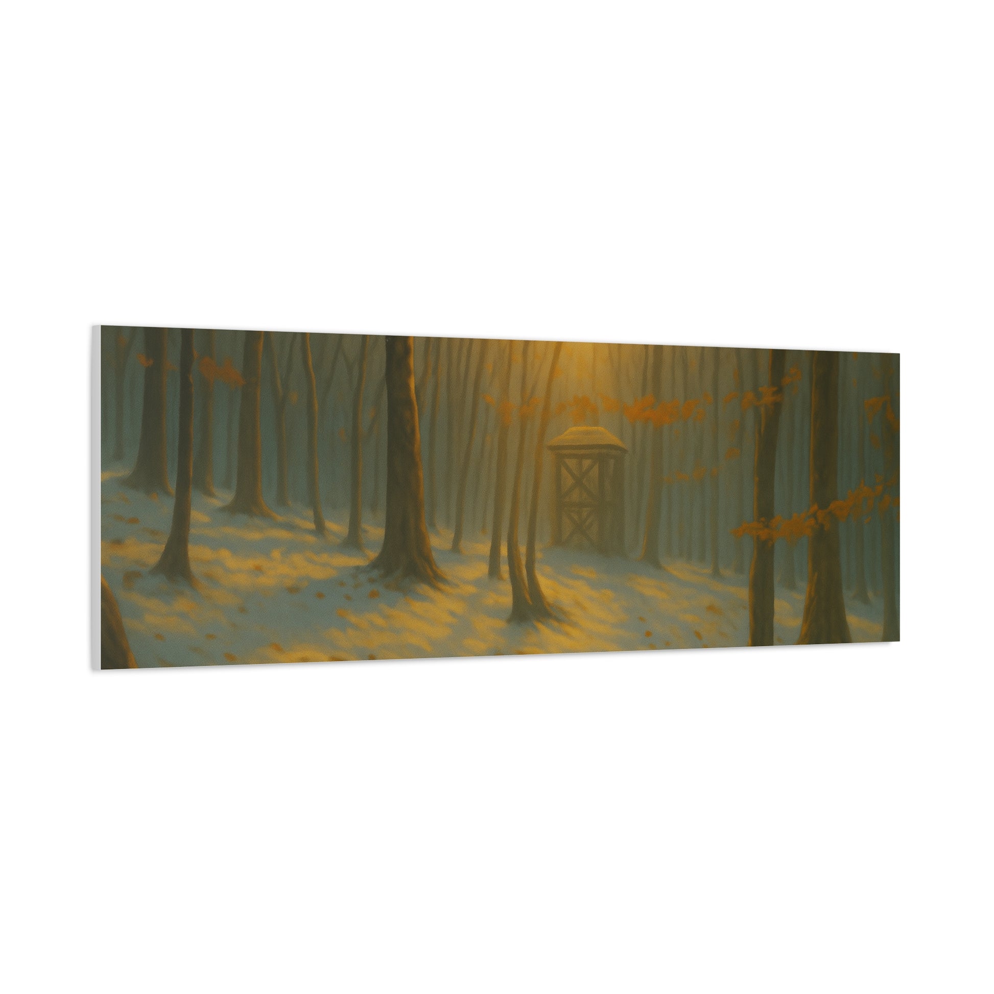 Matte stretched canvas print of a Misty Forest Sunrise landscape artwork by Printify, showcasing vibrant nature scene.