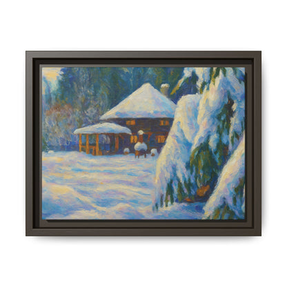 Framed matte canvas wall art of snowy cabin winter landscape, featuring a cozy cabin surrounded by snow-covered trees.