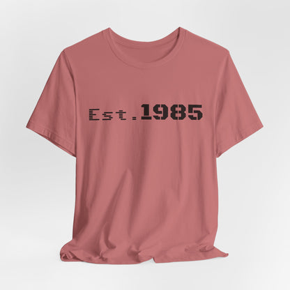 Vintage Est. 1985 Printify T-shirt with graphic design celebrating the year 1985, casual unisex cotton tee.