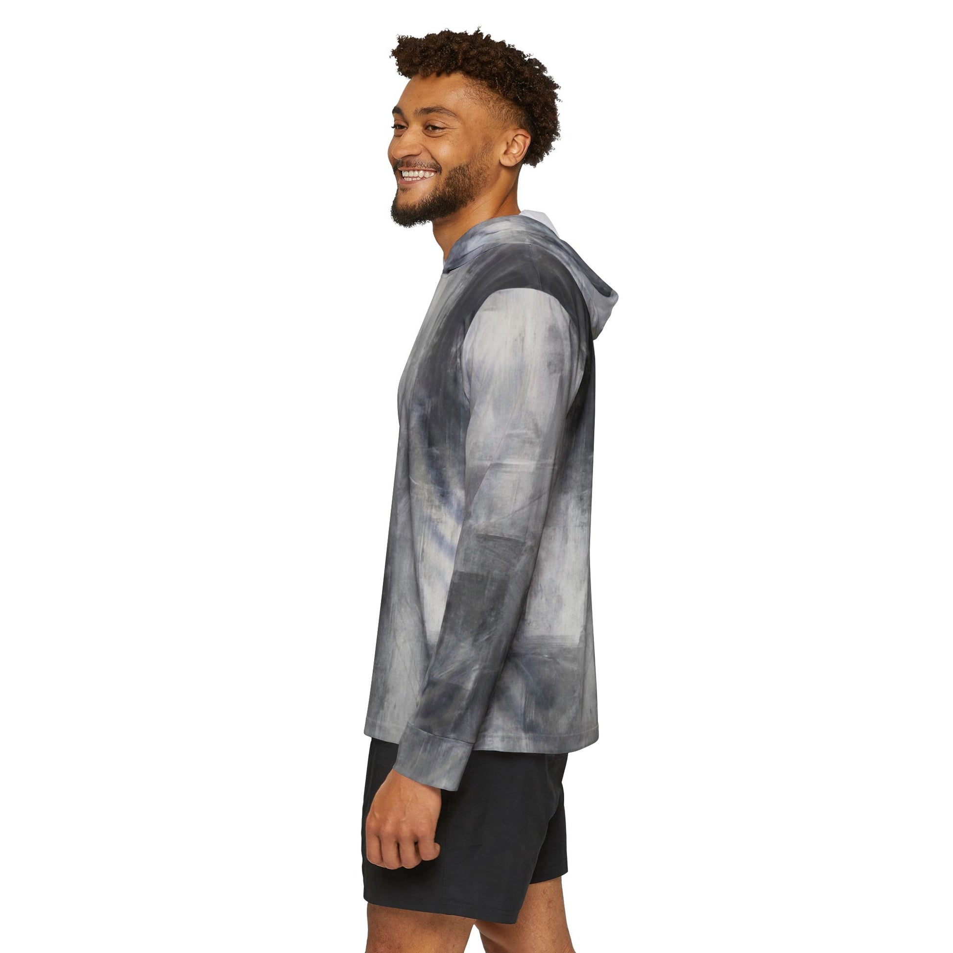 Men's gray athletic hoodie with all-over print, lightweight warmup pullover for gym or casual wear, by Printify.
