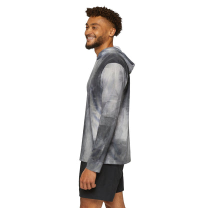 Men's gray athletic hoodie with all-over print, lightweight warmup pullover for gym or casual wear, by Printify.