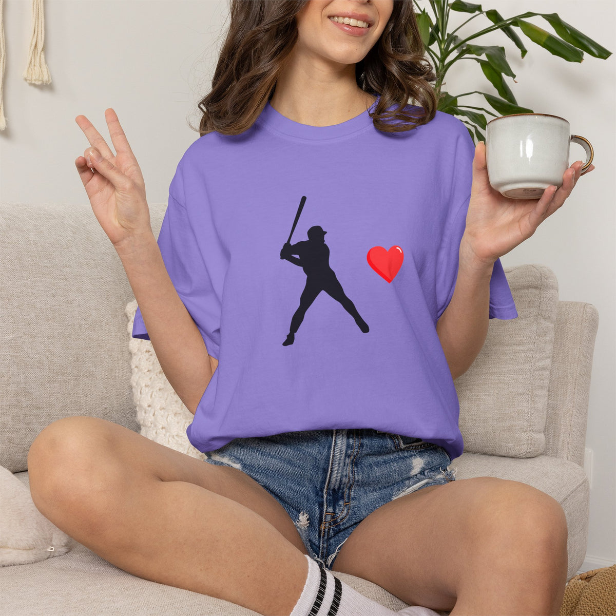 Printify baseball batter heart T-shirt featuring a graphic of a batter with a heart design on soft cotton fabric.