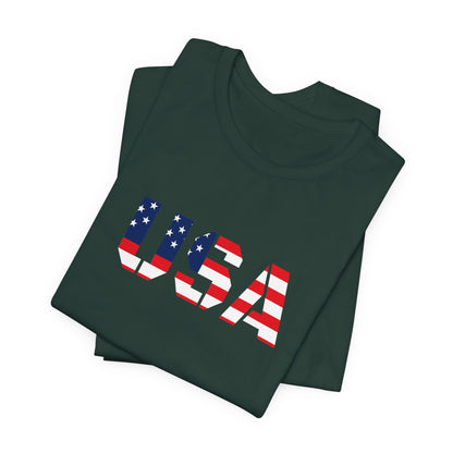 USA Flag Text Tee — Patriotic Fourth of July T-Shirt