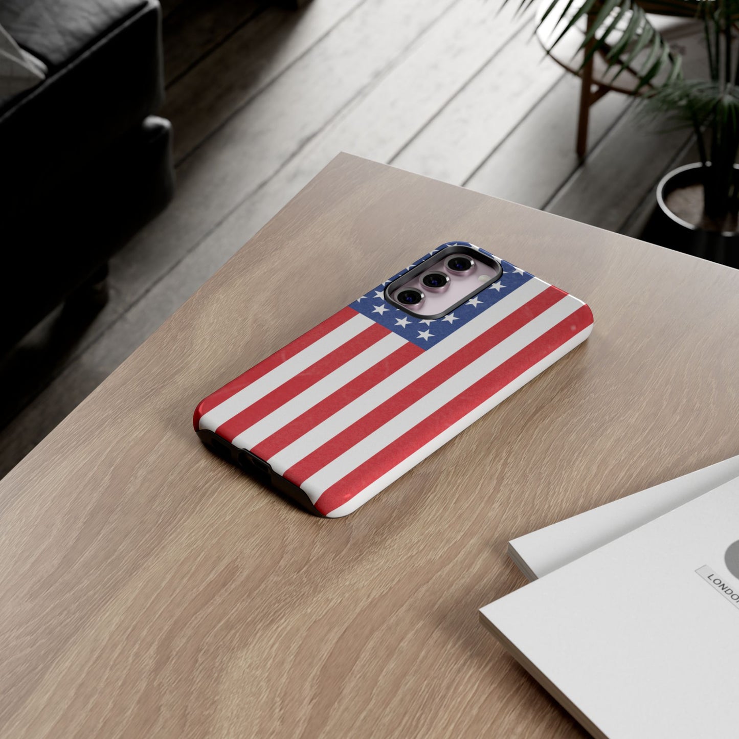 American flag tough phone case for iPhone and Samsung, patriotic protective cover with durable design by Printify.