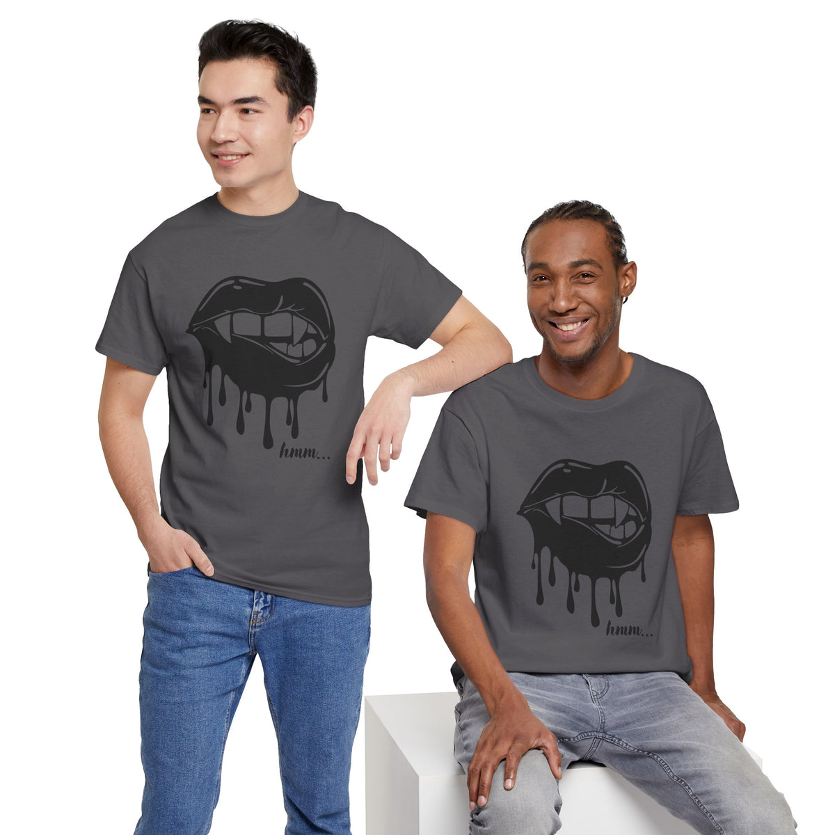 Black graphic T-shirt by Printify featuring dripping lips and 'hmm...' bite design on the front.