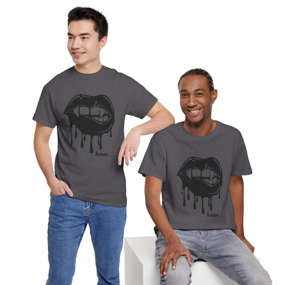 Black graphic T-shirt by Printify featuring dripping lips and 'hmm...' bite design on the front.