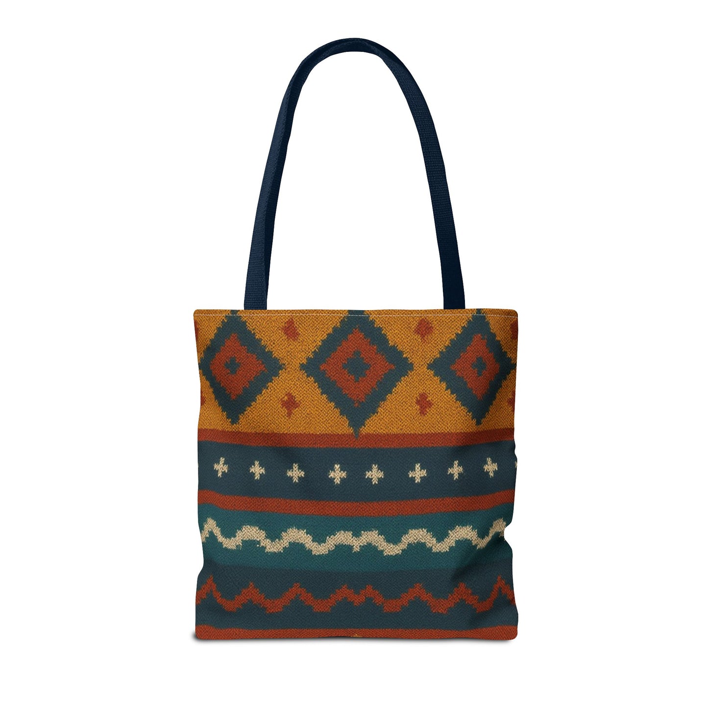 Southwestern diamond pattern tote bag with Aztec tribal geometric print, made by Printify, featuring vibrant woven fabric and sturdy handles.