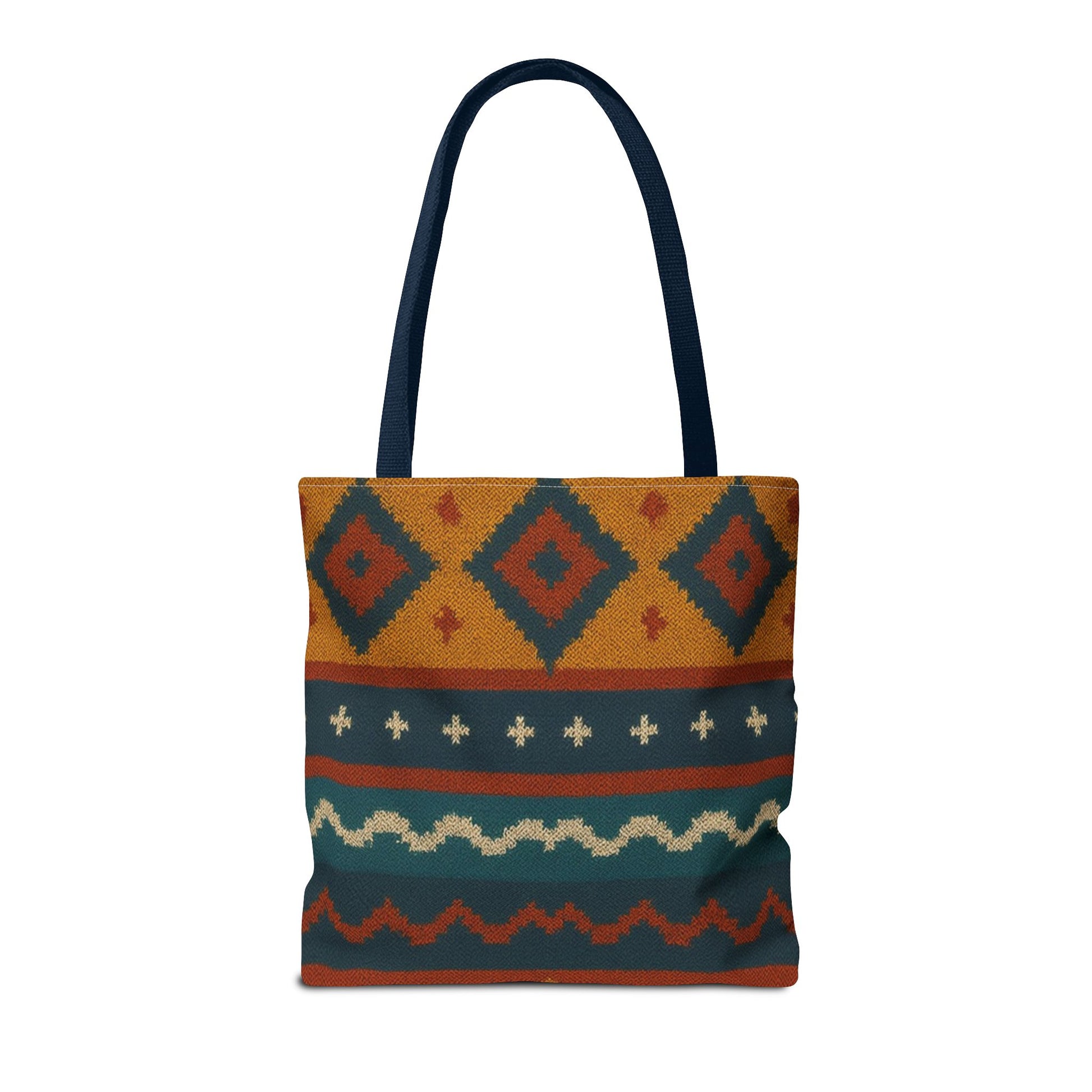 Southwestern diamond pattern tote bag with Aztec tribal geometric print, made by Printify, featuring vibrant woven fabric and sturdy handles.