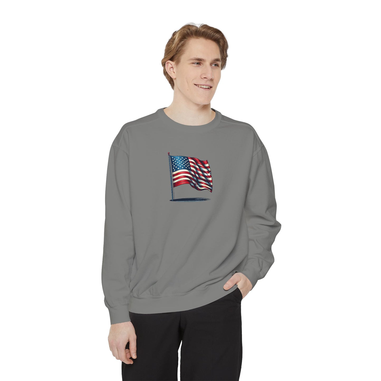 Patriotic Unisex Garment-Dyed Sweatshirt with Vintage American Flag, Cozy Fall Outfit, Statement Sweater, Gift for Veterans, Casual Fashion - TRV
