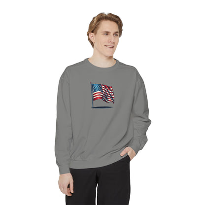 Patriotic Unisex Garment-Dyed Sweatshirt with Vintage American Flag, Cozy Fall Outfit, Statement Sweater, Gift for Veterans, Casual Fashion - TRV